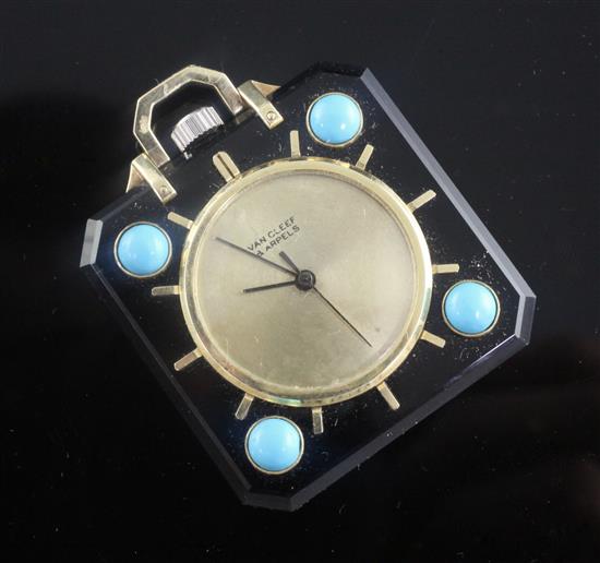 A Van Cleef & Arpels gold, and turquoise mounted black onyx miniature timepiece, 37mm.